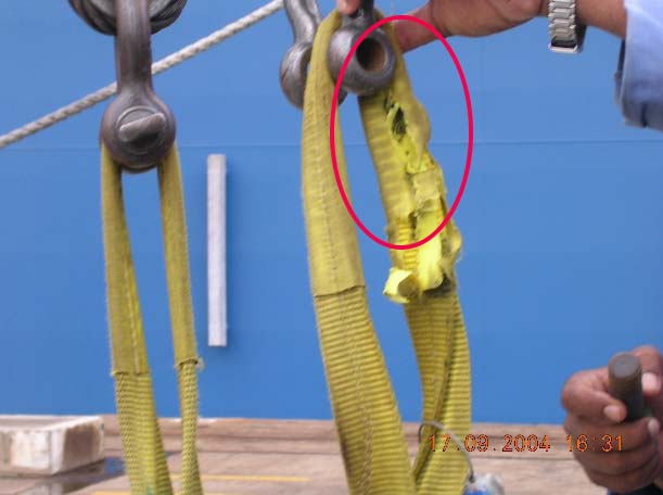 Web sling, with burn mark circled