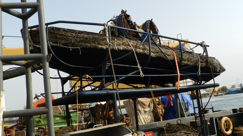 Inflatable boat on stand after reconstruction