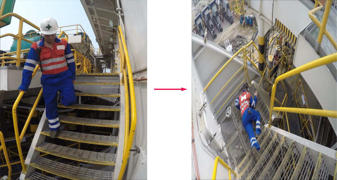 Whilst descending a flight of stairs a crewman lost footing and slipped, fell forwards and landed face forward on the deck below, suffering a compression injury to the right knee. The right-hand image below shows (staged) the position of the injured person after the incident. This incident was a Lost Time Injury (LTI).